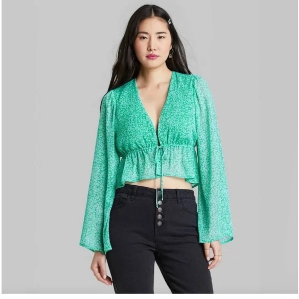 Target - Wild Fable Floral Tie Front Bell Sleeve Blouse, Green/Blue - Picture 2 of 5